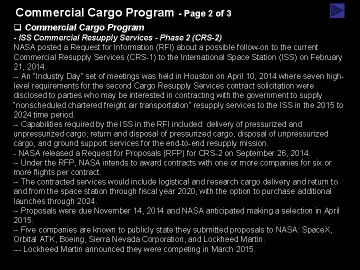 Commercial Cargo Program - Page 2 of 3 q Commercial Cargo Program - ISS