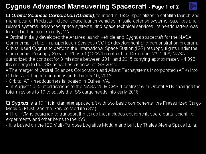 Cygnus Advanced Maneuvering Spacecraft - Page 1 of 2 q Orbital Sciences Corporation (Orbital),