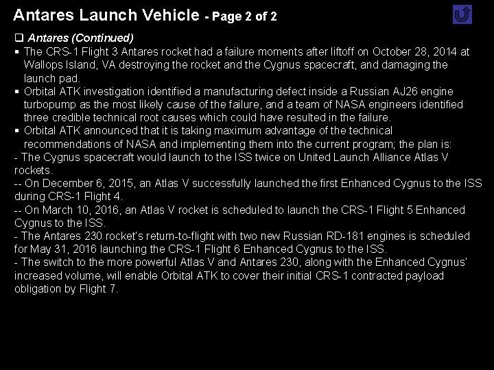 Antares Launch Vehicle - Page 2 of 2 q Antares (Continued) § The CRS-1