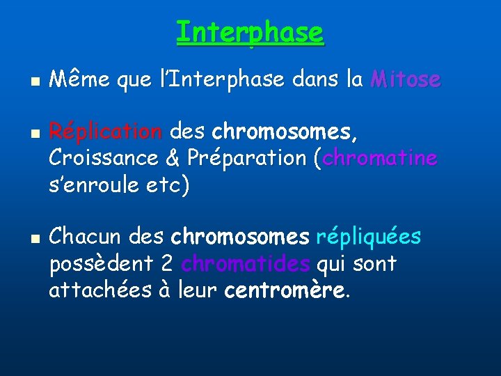 Interphase n n n Même que l’Interphase dans la Mitose Réplication des chromosomes, Croissance