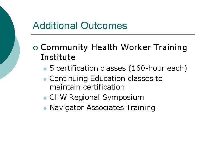 Additional Outcomes ¡ Community Health Worker Training Institute l l 5 certification classes (160
