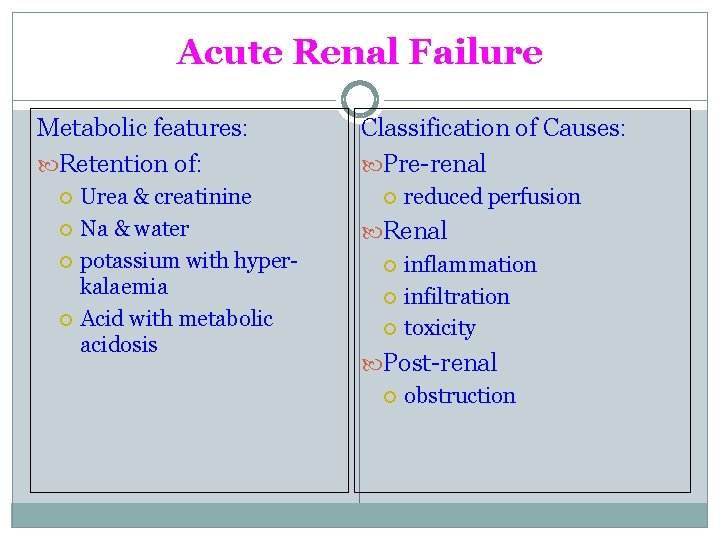 Acute Renal Failure Metabolic features: Retention of: Urea & creatinine Na & water potassium