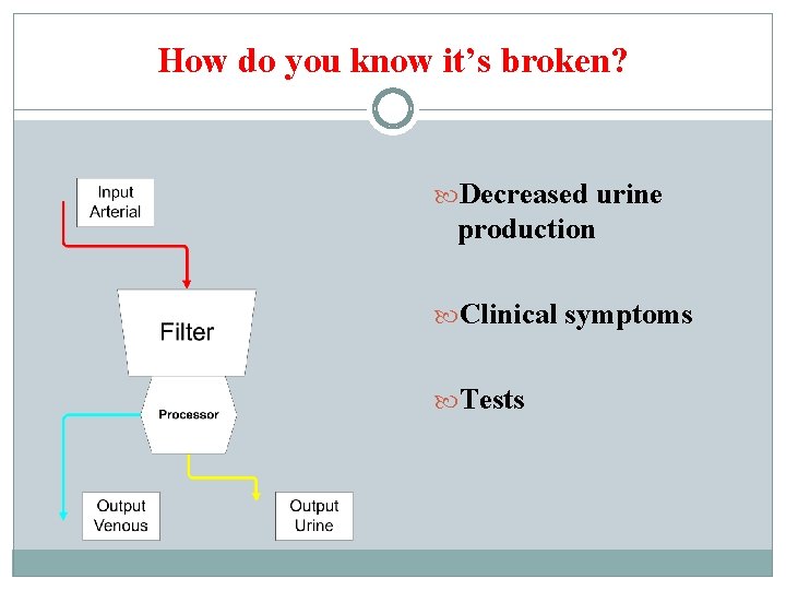 How do you know it’s broken? Decreased urine production Clinical symptoms Tests 