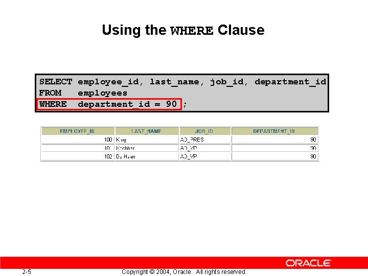 Using the WHERE Clause SELECT employee_id, last_name, job_id, department_id FROM employees WHERE department_id =