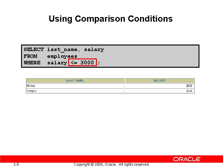 Using Comparison Conditions SELECT last_name, salary FROM employees WHERE salary <= 3000 ; 2