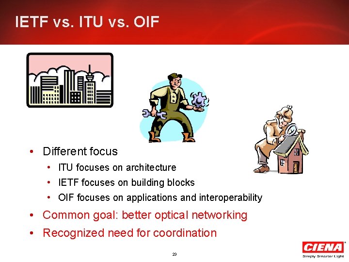 IETF vs. ITU vs. OIF • Different focus • ITU focuses on architecture •