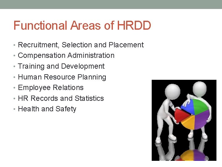 Functional Areas of HRDD • Recruitment, Selection and Placement • Compensation Administration • Training