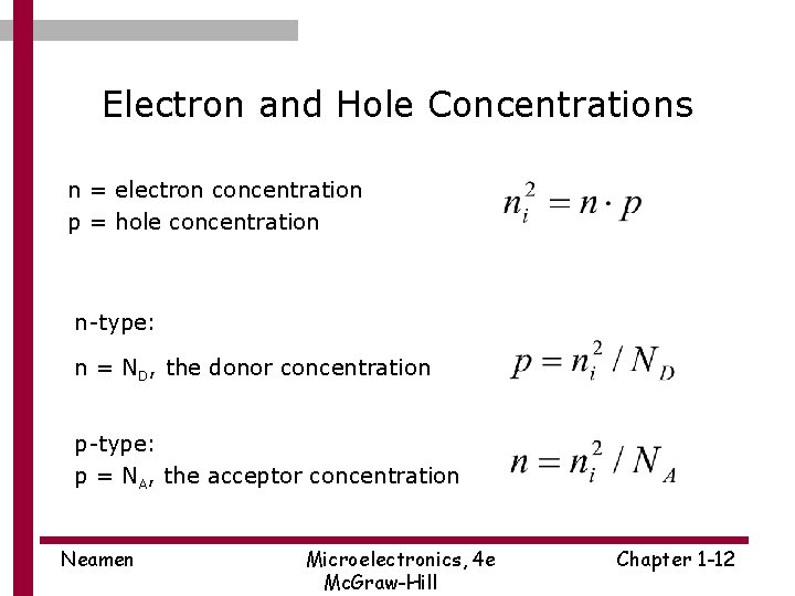 Electron and Hole Concentrations n = electron concentration p = hole concentration n-type: n