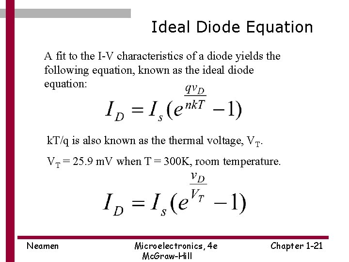 Ideal Diode Equation A fit to the I-V characteristics of a diode yields the