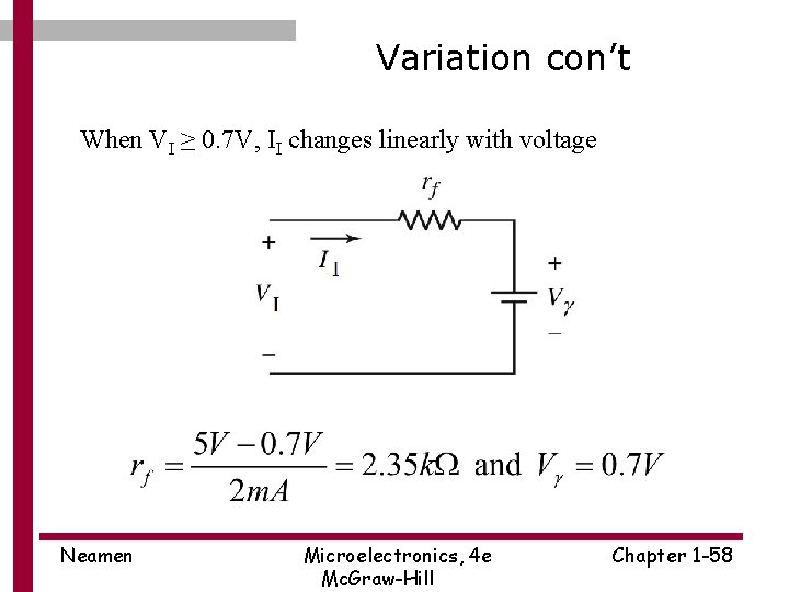 Variation con’t When VI ≥ 0. 7 V, II changes linearly with voltage Neamen