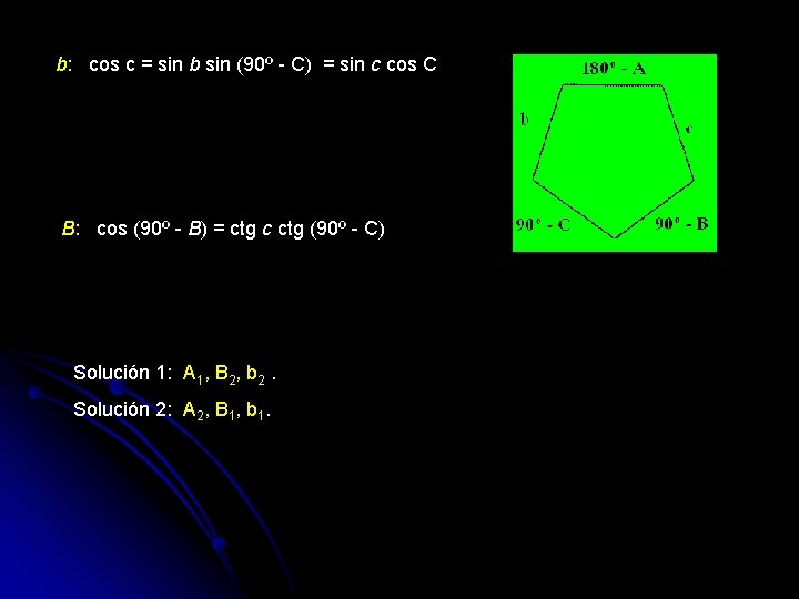 b: cos c = sin b sin (90º - C) = sin c cos