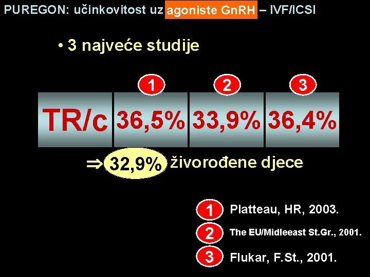 PUREGON: učinkovitost uz agoniste Gn. RH – IVF/ICSI • 3 najveće studije 1 2