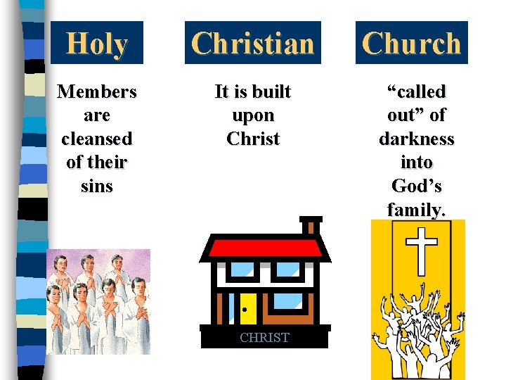 Holy Christian Church Members are cleansed of their sins It is built upon Christ Holy Christian Church Members are cleansed of their sins It is built upon Christ