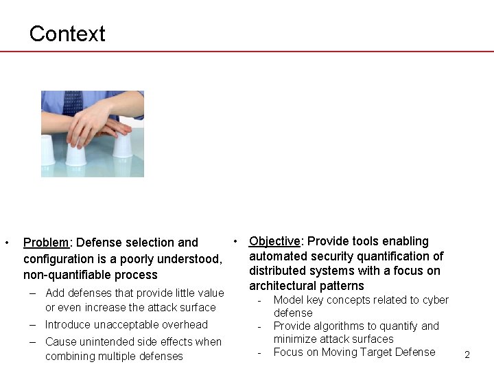 Context • • Objective: Provide tools enabling Problem: Defense selection and automated security quantification