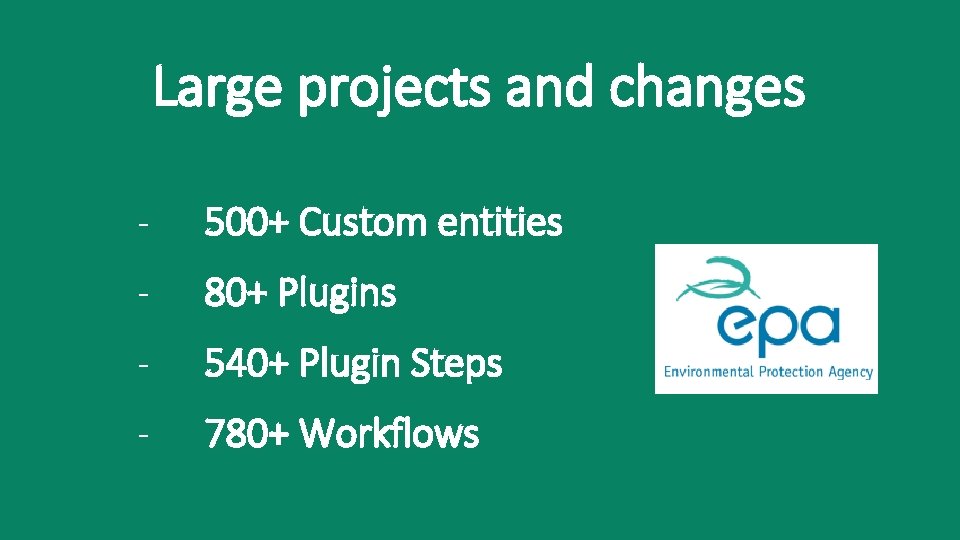 Large projects and changes - 500+ Custom entities - 80+ Plugins - 540+ Plugin