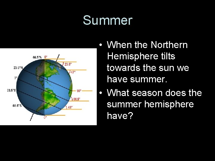 Summer • When the Northern Hemisphere tilts towards the sun we have summer. •