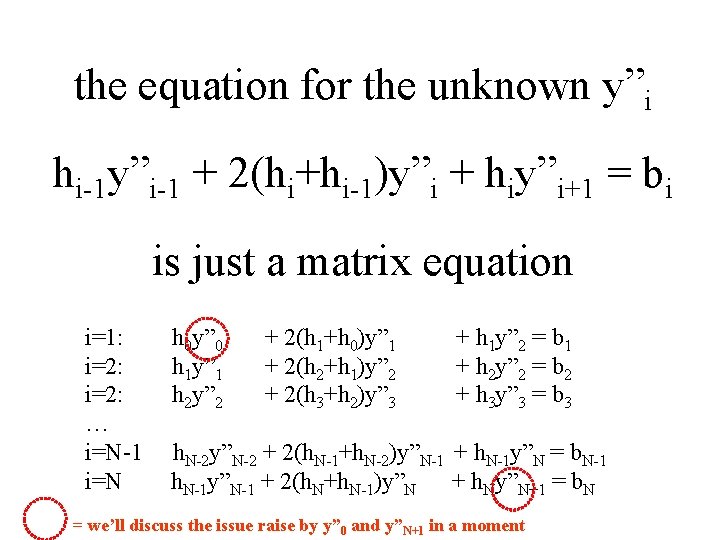 the equation for the unknown y”i hi-1 y”i-1 + 2(hi+hi-1)y”i + hiy”i+1 = bi