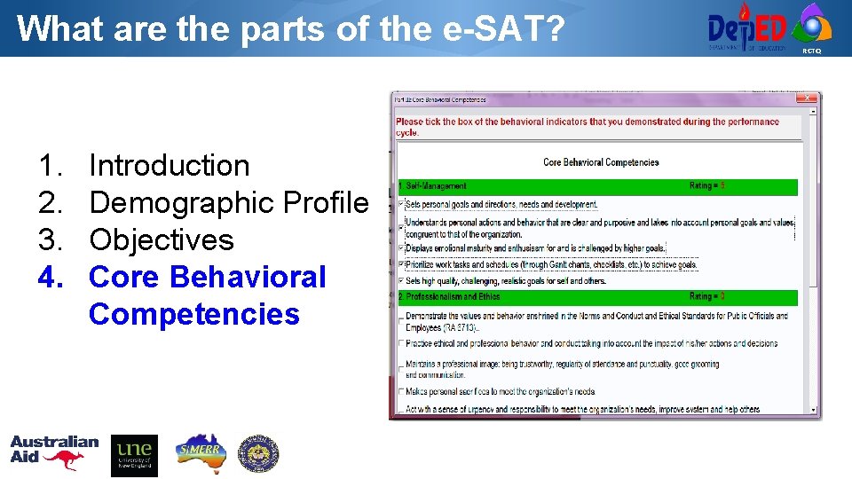 What are the parts of the e-SAT? 1. 2. 3. 4. Introduction Demographic Profile