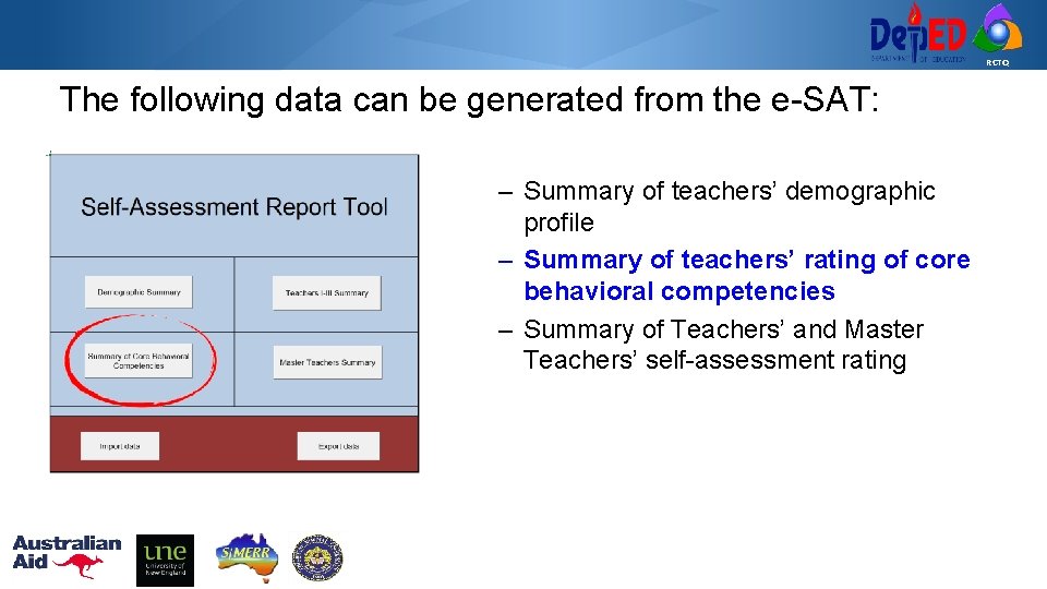 RCTQ The following data can be generated from the e-SAT: – Summary of teachers’