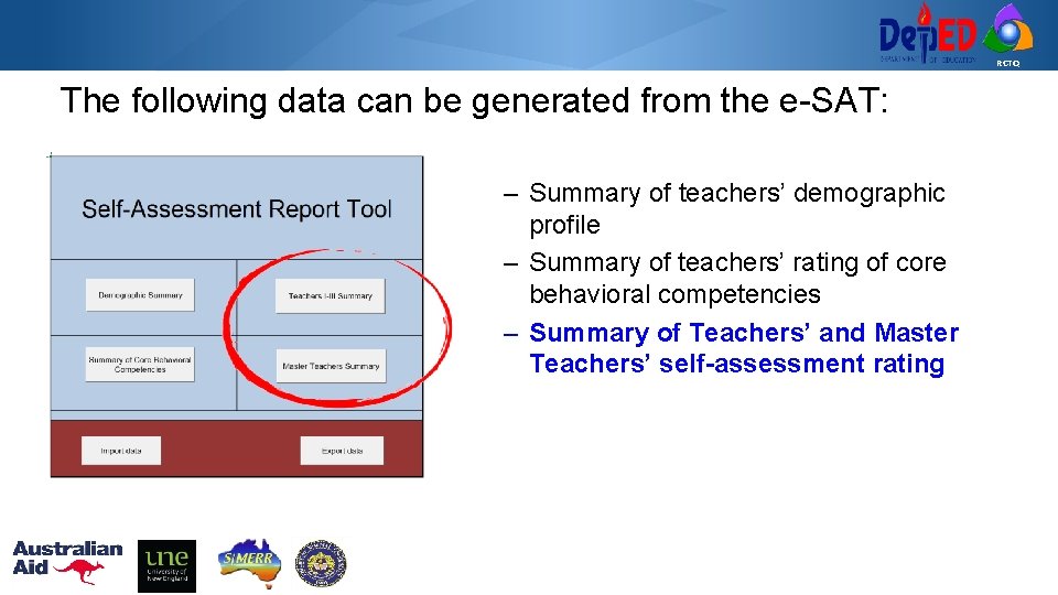 RCTQ The following data can be generated from the e-SAT: – Summary of teachers’