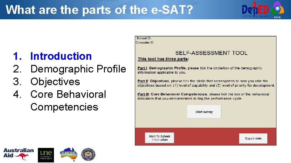 What are the parts of the e-SAT? 1. 2. 3. 4. Introduction Demographic Profile