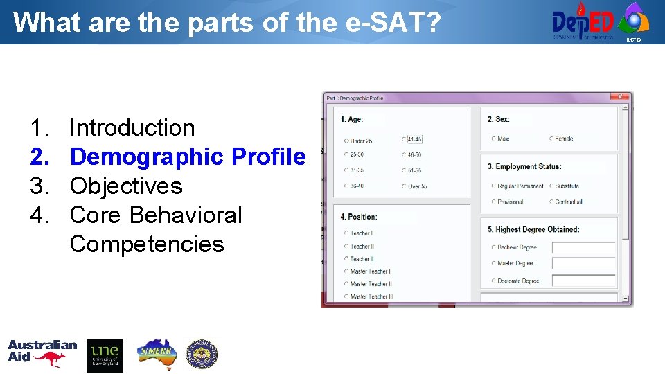 What are the parts of the e-SAT? 1. 2. 3. 4. Introduction Demographic Profile