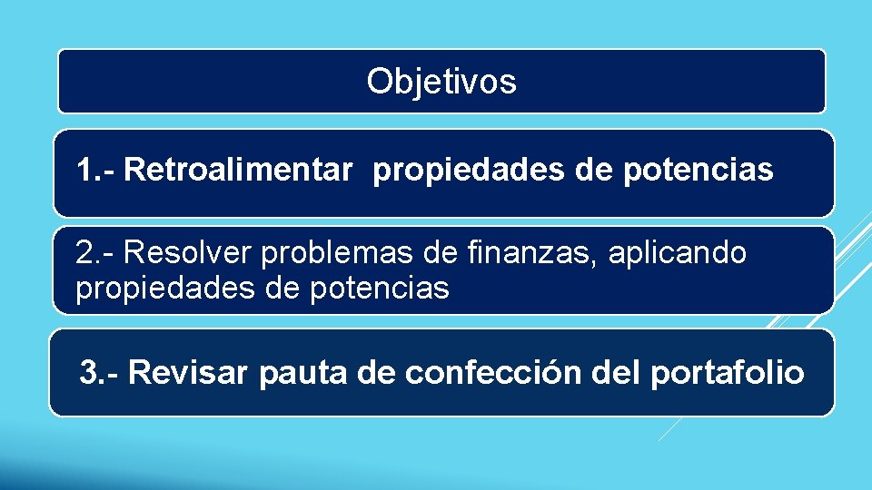 Objetivos 1. - Retroalimentar propiedades de potencias 2. - Resolver problemas de finanzas, aplicando Objetivos 1. - Retroalimentar propiedades de potencias 2. - Resolver problemas de finanzas, aplicando