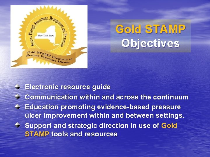 Gold STAMP Objectives Electronic resource guide Communication within and across the continuum Education promoting