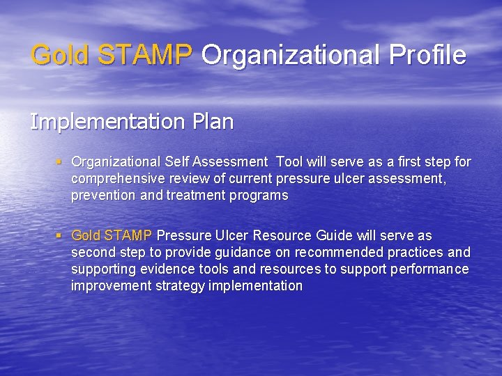 Gold STAMP Organizational Profile Implementation Plan § Organizational Self Assessment Tool will serve as