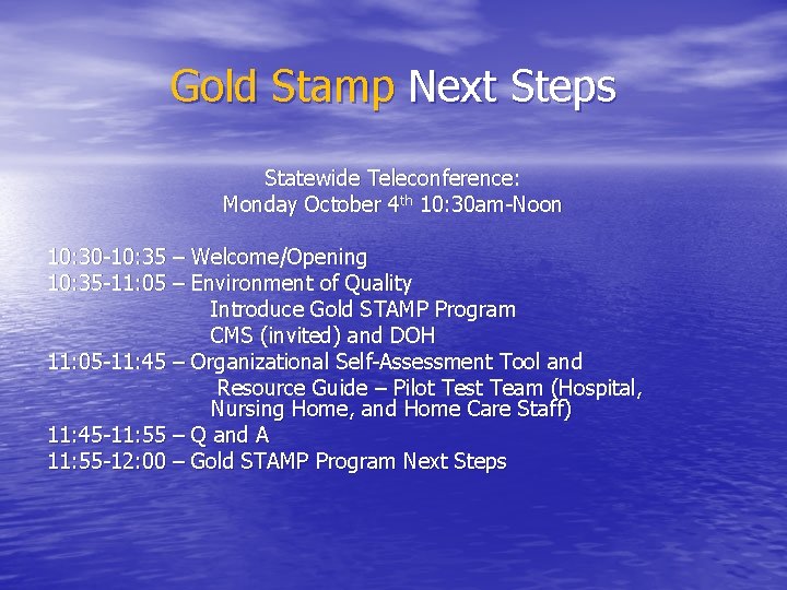 Gold Stamp Next Steps Statewide Teleconference: Monday October 4 th 10: 30 am-Noon 10: