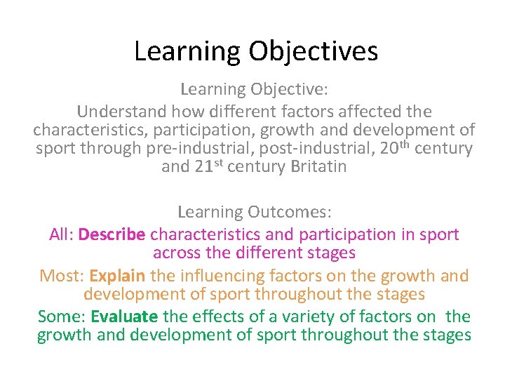 Learning Objectives Learning Objective: Understand how different factors affected the characteristics, participation, growth and