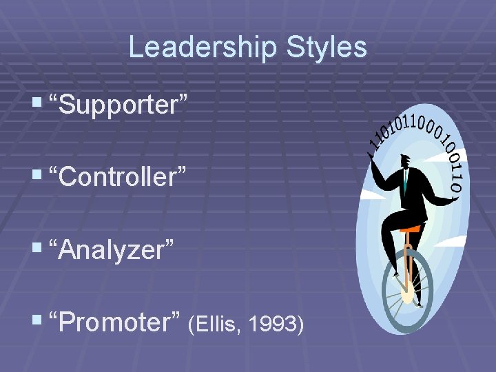 Leadership Styles § “Supporter” § “Controller” § “Analyzer” § “Promoter” (Ellis, 1993) 