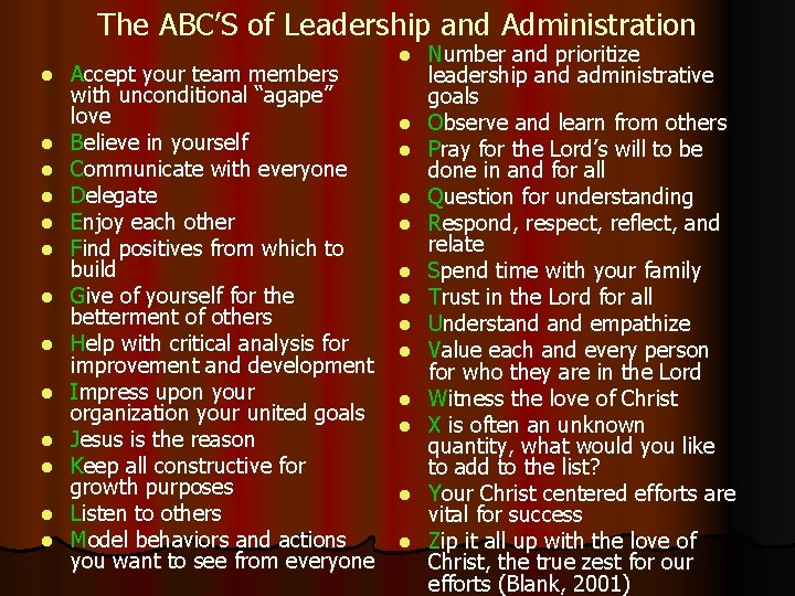 The ABC’S of Leadership and Administration l l l l Accept your team members