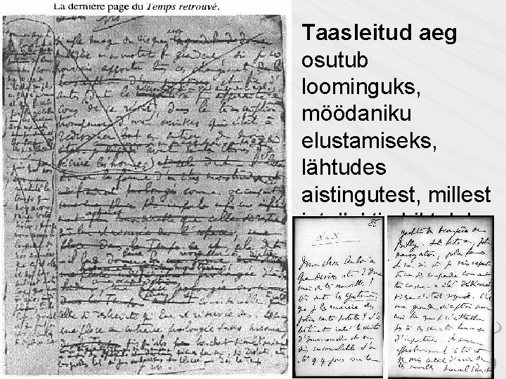 Taasleitud aeg osutub loominguks, möödaniku elustamiseks, lähtudes aistingutest, millest intellekti abil tuleb vormida kunstiteos. Taasleitud aeg osutub loominguks, möödaniku elustamiseks, lähtudes aistingutest, millest intellekti abil tuleb vormida kunstiteos.