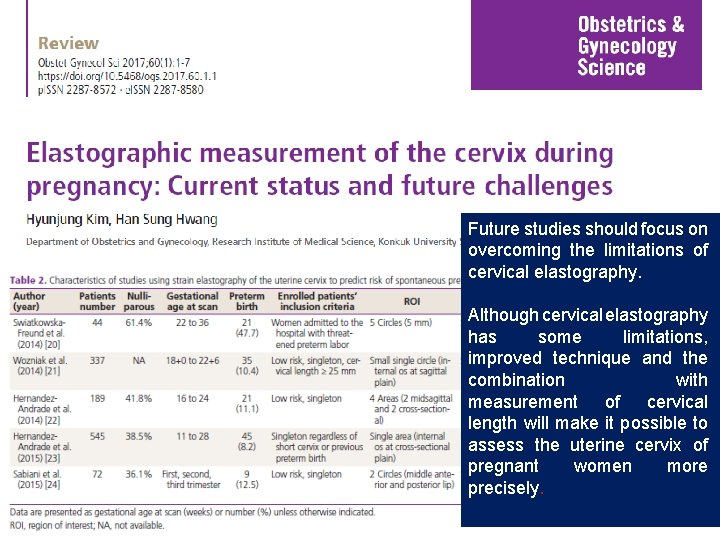 Future studies should focus on overcoming the limitations of cervical elastography. Although cervical elastography