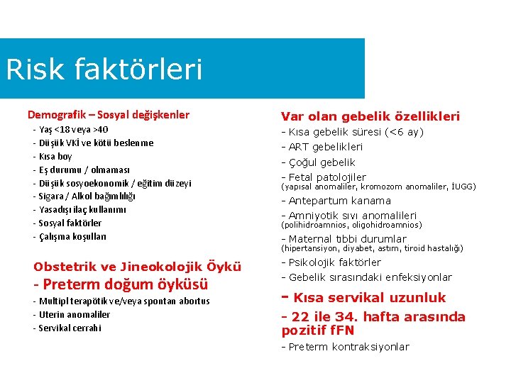 Risk faktörleri Demografik – Sosyal değişkenler - Yaş <18 veya >40 - Düşük VKİ