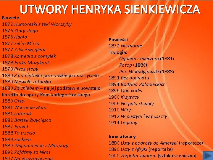 UTWORY HENRYKA SIENKIEWICZA Nowele 1872 Humoreski z teki Worszyłły 1875 Stary sługa 1876 Hania