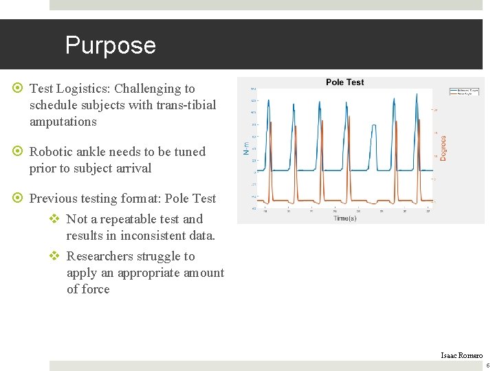Purpose Test Logistics: Challenging to schedule subjects with trans-tibial amputations Robotic ankle needs to