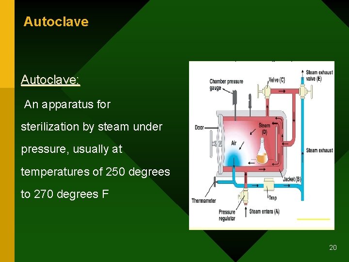 Autoclave: An apparatus for sterilization by steam under pressure, usually at temperatures of 250