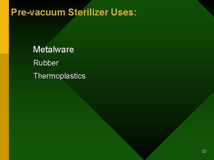 Pre-vacuum Sterilizer Uses: Metalware Rubber Thermoplastics 32 