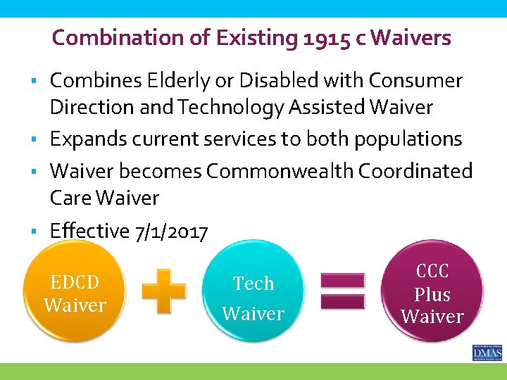 Combination of Existing 1915 c Waivers ▪ Combines Elderly or Disabled with Consumer Direction