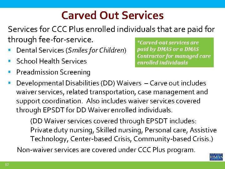 Carved Out Services for CCC Plus enrolled individuals that are paid for through fee-for-service.