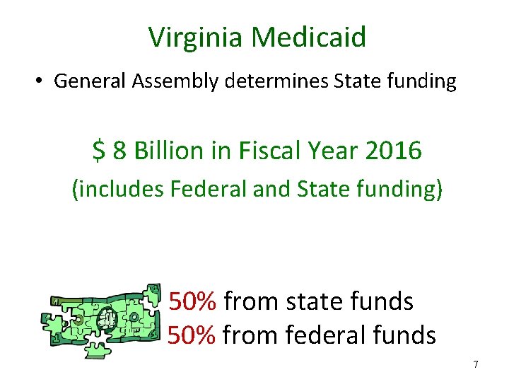 Virginia Medicaid • General Assembly determines State funding $ 8 Billion in Fiscal Year