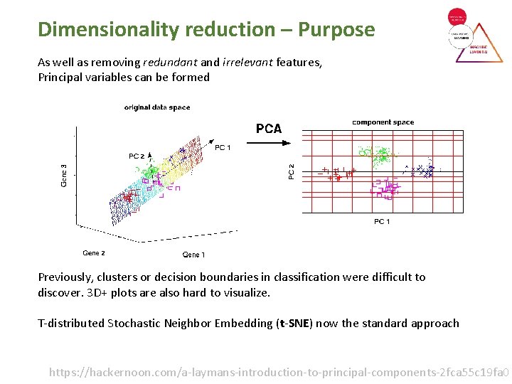 Dimensionality reduction – Purpose As well as removing redundant and irrelevant features, Principal variables Dimensionality reduction – Purpose As well as removing redundant and irrelevant features, Principal variables