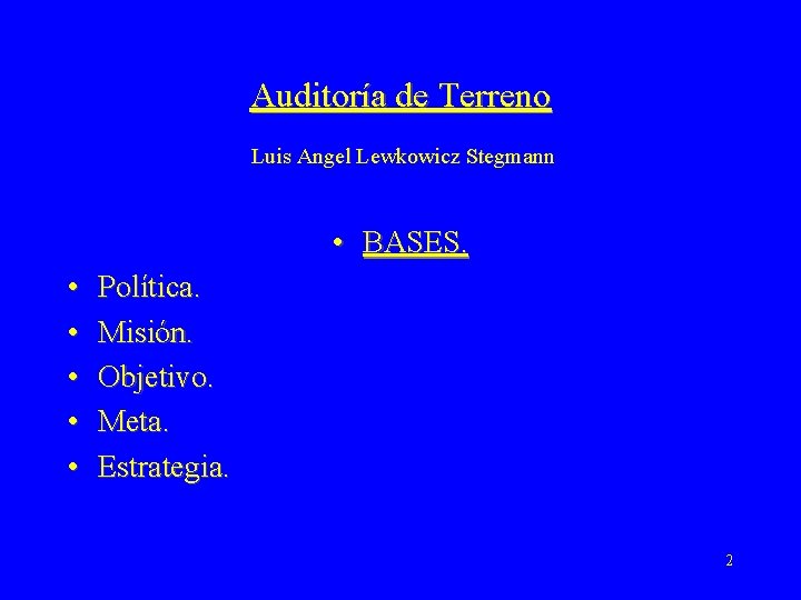 Auditoría de Terreno Luis Angel Lewkowicz Stegmann • BASES. • • • Política. Misión.