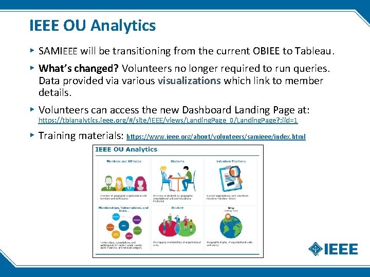 IEEE OU Analytics ▸ SAMIEEE will be transitioning from the current OBIEE to Tableau. IEEE OU Analytics ▸ SAMIEEE will be transitioning from the current OBIEE to Tableau.