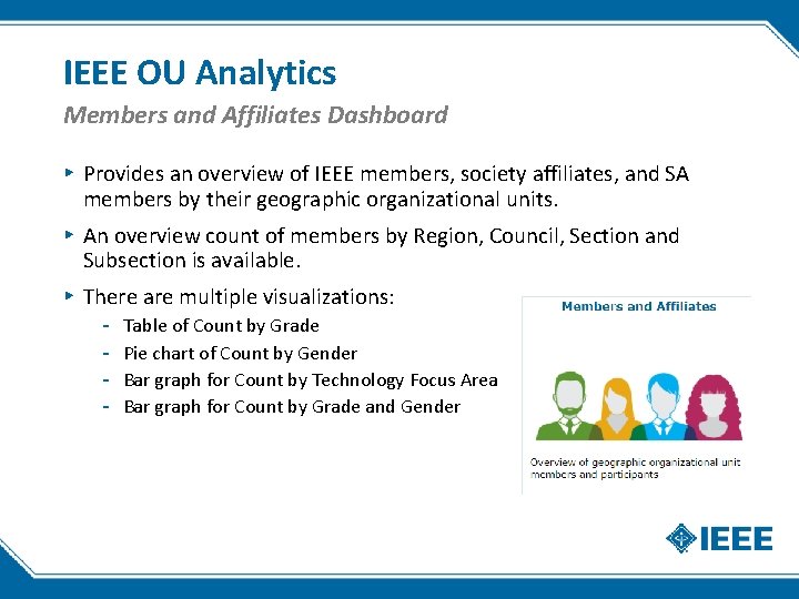 IEEE OU Analytics Members and Affiliates Dashboard ▸ Provides an overview of IEEE members, IEEE OU Analytics Members and Affiliates Dashboard ▸ Provides an overview of IEEE members,