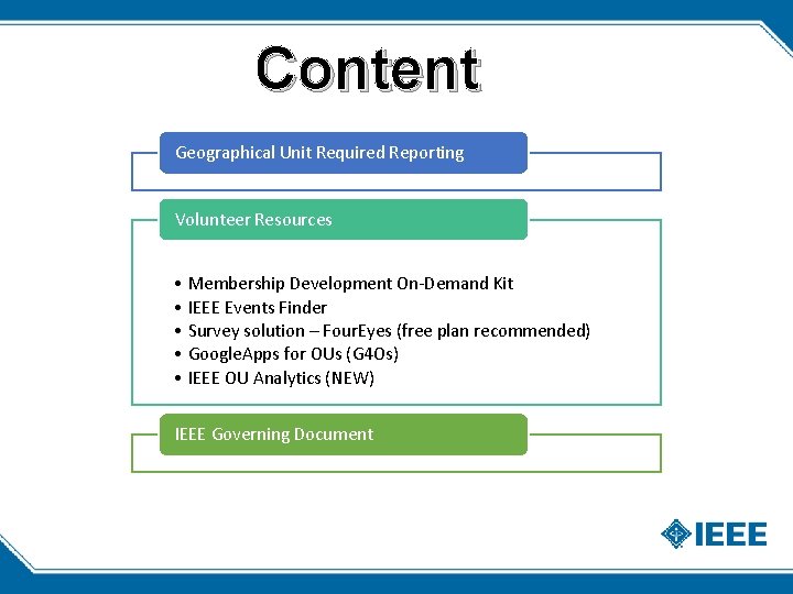 Content Geographical Unit Required Reporting Volunteer Resources • Membership Development On-Demand Kit • IEEE Content Geographical Unit Required Reporting Volunteer Resources • Membership Development On-Demand Kit • IEEE