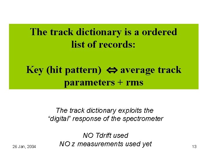 The track dictionary is a ordered list of records: Key (hit pattern) average track