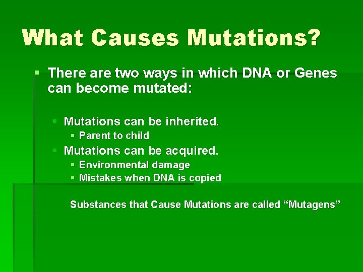 What Causes Mutations? § There are two ways in which DNA or Genes can